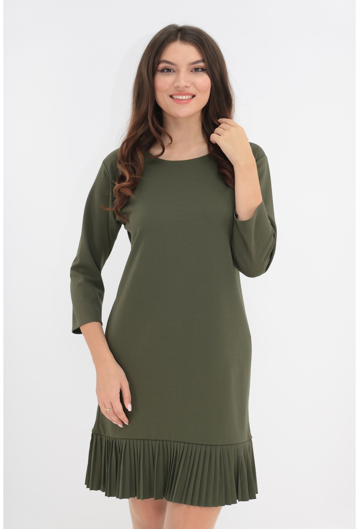 Rochie uni olive cu volan plisat la tiv