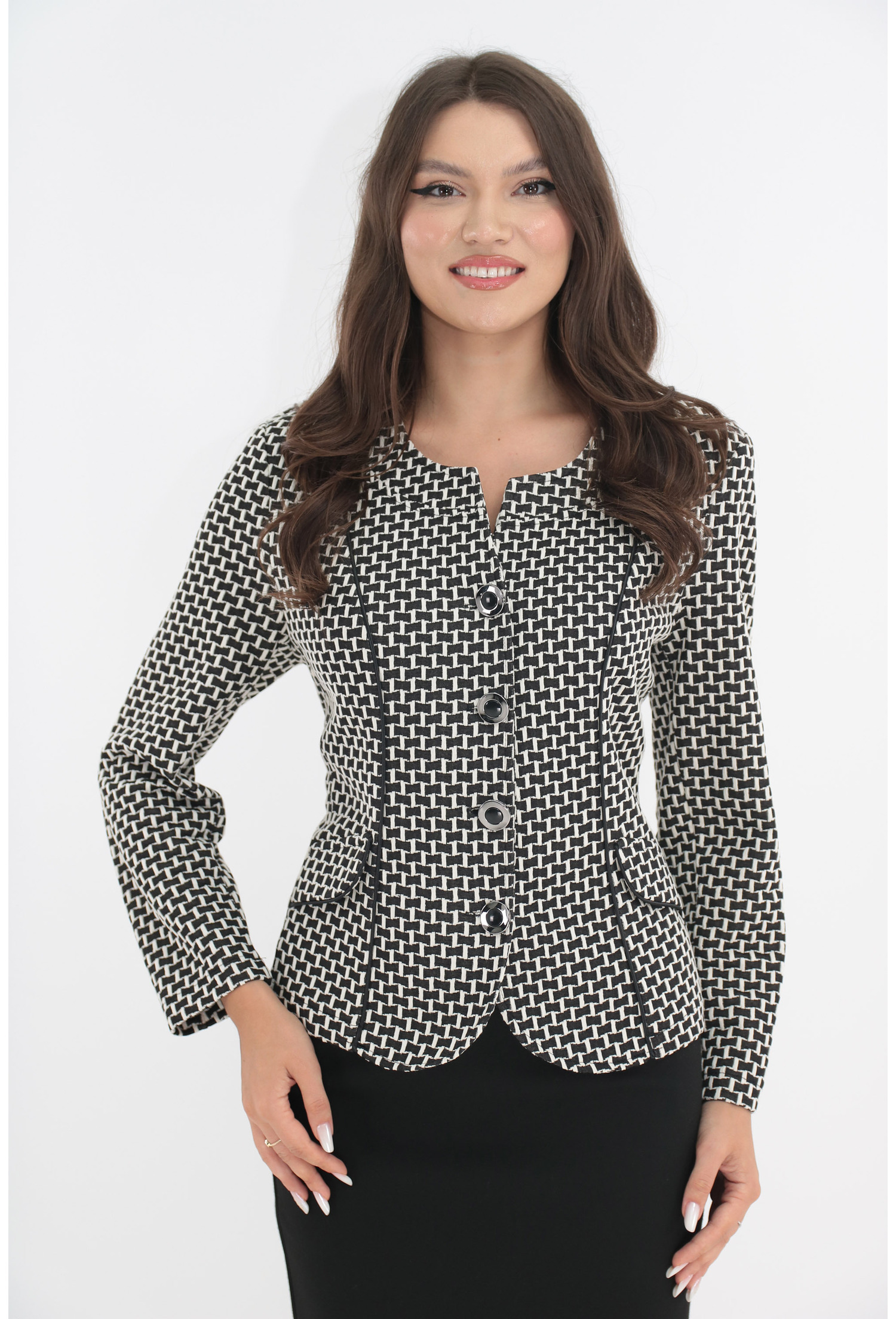 Sacou din brocart elastic negru cu model geometric crem