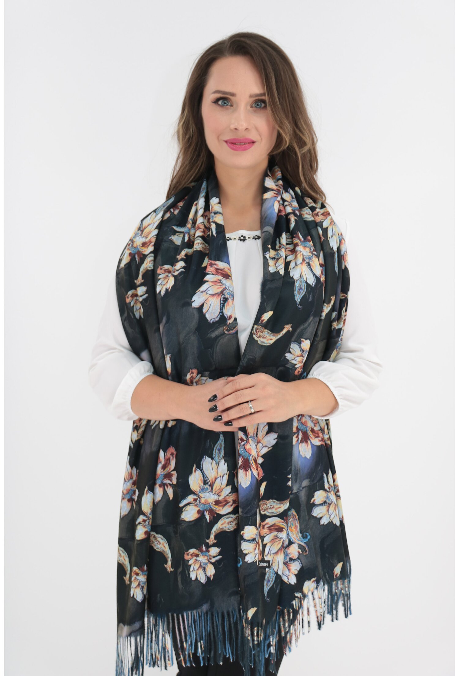 Sal fin bleumarin din casmir cu print floral