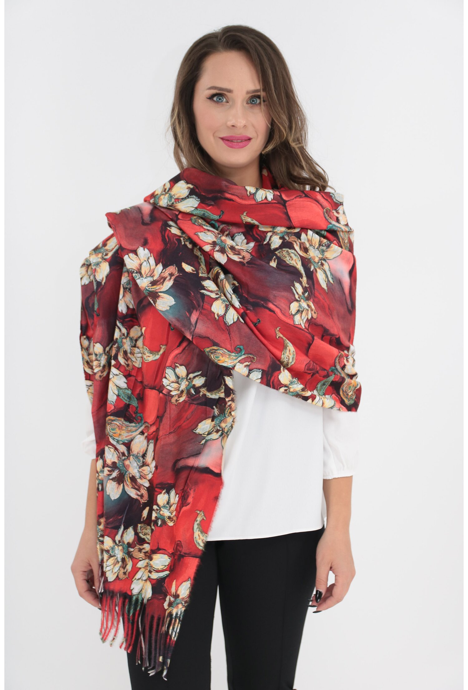 Sal fin rosu din casmir cu print floral