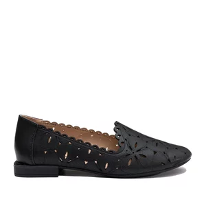 Balerini damă din piele naturală - 3515 Negru Box Perforat