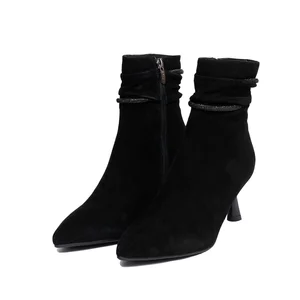 Botine damă elegante din piele naturală, Epica - 4602 Negru Velur