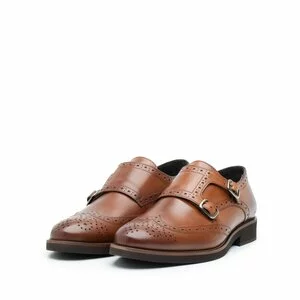 Pantofi barbaţi eleganţi cu 2 catarame Leofex -616 Cognac Box