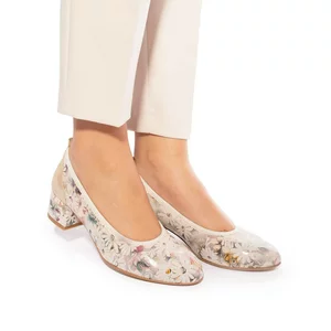 Pantofi casual cu toc damă din piele naturală, Leofex - 231 Bej Box Flori