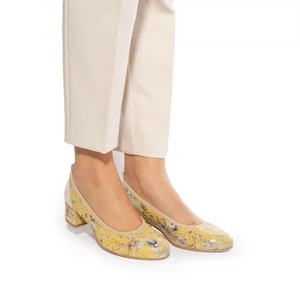 Pantofi casual cu toc dama din piele naturala,  Leofex - 231 Galben flori