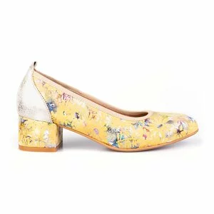Pantofi casual cu toc dama din piele naturala,  Leofex - 231 Galben flori