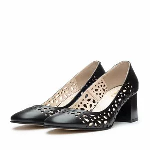Pantofi casual cu toc dama, perforati din piele naturala - 791/5 Negru Box