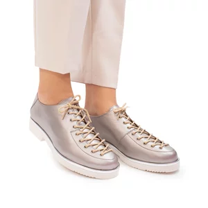 Pantofi casual dama cu siret pana in varf din piele naturala, Leofex- 194-1 Argintiu