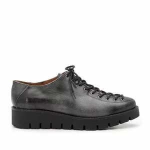 Pantofi casual dama cu siret pana in varf din piele naturala, Leofex- 194 Negru gri box