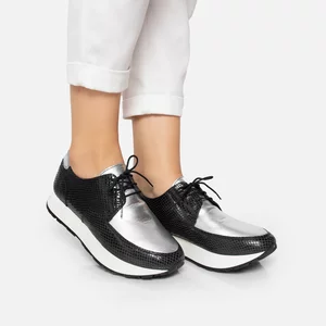 Pantofi casual dama din piele naturala,Leofex - 030 Negru Argintiu Box