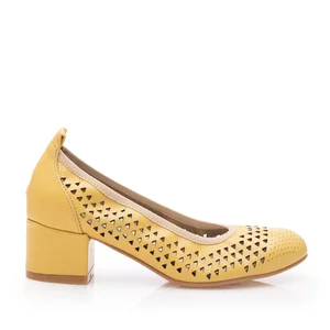 Pantofi casual perforati cu toc dama din piele naturala, Leofex - 248 galben box