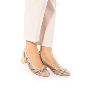 Pantofi casual perforaţi cu toc damă din piele naturală, Leofex - 248 Taupe Metalizat