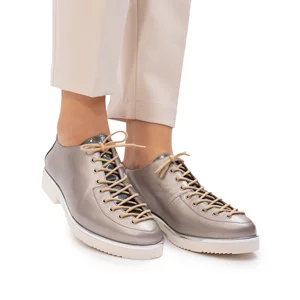 Pantofi casual dama cu siret pana in varf din piele naturala, Leofex- 194 -1 argintiu sidef lac