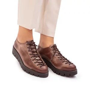 Pantofi casual dama cu siret pana in varf din piele naturala, Leofex- 194 Cacao