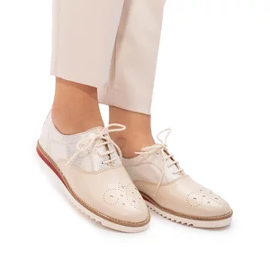 Pantofi casual dama din piele naturala, Leofex - 230 Crem cu Auriu Box