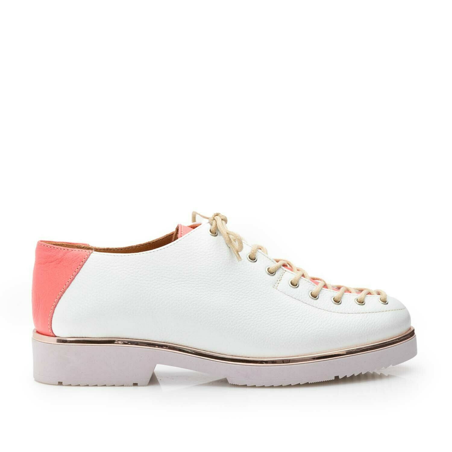 Pantofi casual dama cu siret pana in varf din piele naturala, Leofex- 194-1 Alb Roz Box