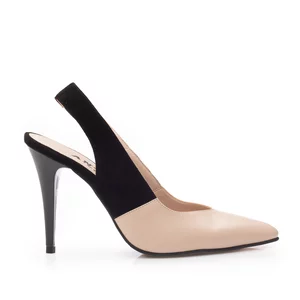 Pantofi eleganti dama decupati din piele naturala - 68175 Nude Box cu Negru Velur