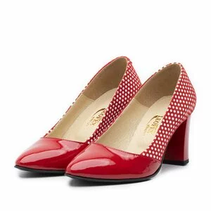 Pantofi eleganti dama din piele naturala  - 750 rosu-buline lac velur