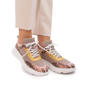 Pantofi sport dama din piele naturala, Leofex- 239 Roz + taupe + galben box