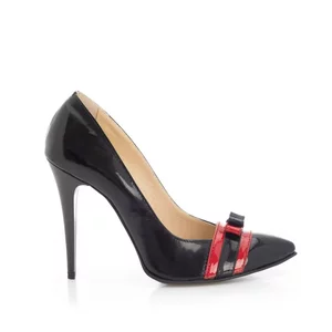 Pantofi stiletto dama din piele naturala  - 708 negru cu rosu lac