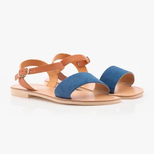 Sandale cu talpa joasa din piele naturala - 110 Blue+ Maro Velur  Box