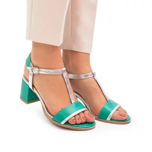Sandale cu toc damă din piele naturală, Leofex - 227 Verde + Argintiu Box