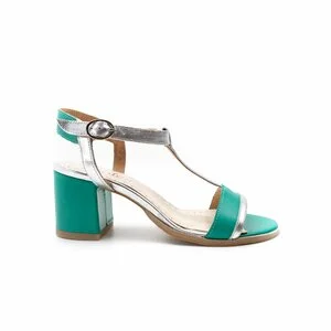 Sandale cu toc dama din piele naturala, Leofex - 227 Verde + argintiu box