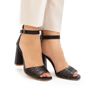 Sandale cu toc dama perforate din piele naturala, Leofex - 251 negru box