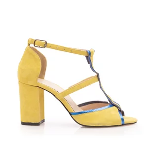 Sandale cu toc elegante dama din piele intoarsa -1061-14 Galben Albastru Velur