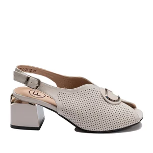 Sandale elegante damă cu toc din piele naturală, Filippo - 3603 Taupe Deschis Box Perforat