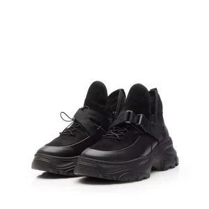 Sneakers damă din piele naturală,Leofex - 288 -1 Negru Box Velur
