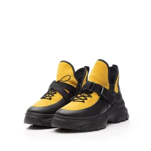 Sneakers damă din piele naturală,Leofex - 288 -1 Negru Muștar Box Velur