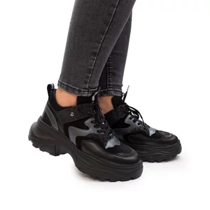 Sneakers damă din piele naturală, Leofex - 313 Antracit+Negru box velur